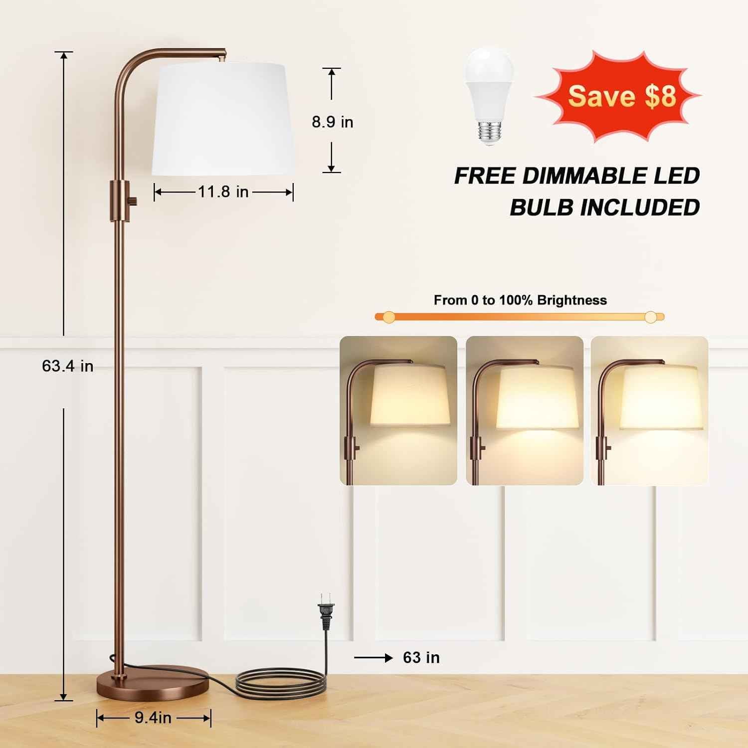 Modern Dimmable Floor Lamp with 9W LED Bulbs - Stylish Standing Light for Living Room & Bedroom (Gold & White)
