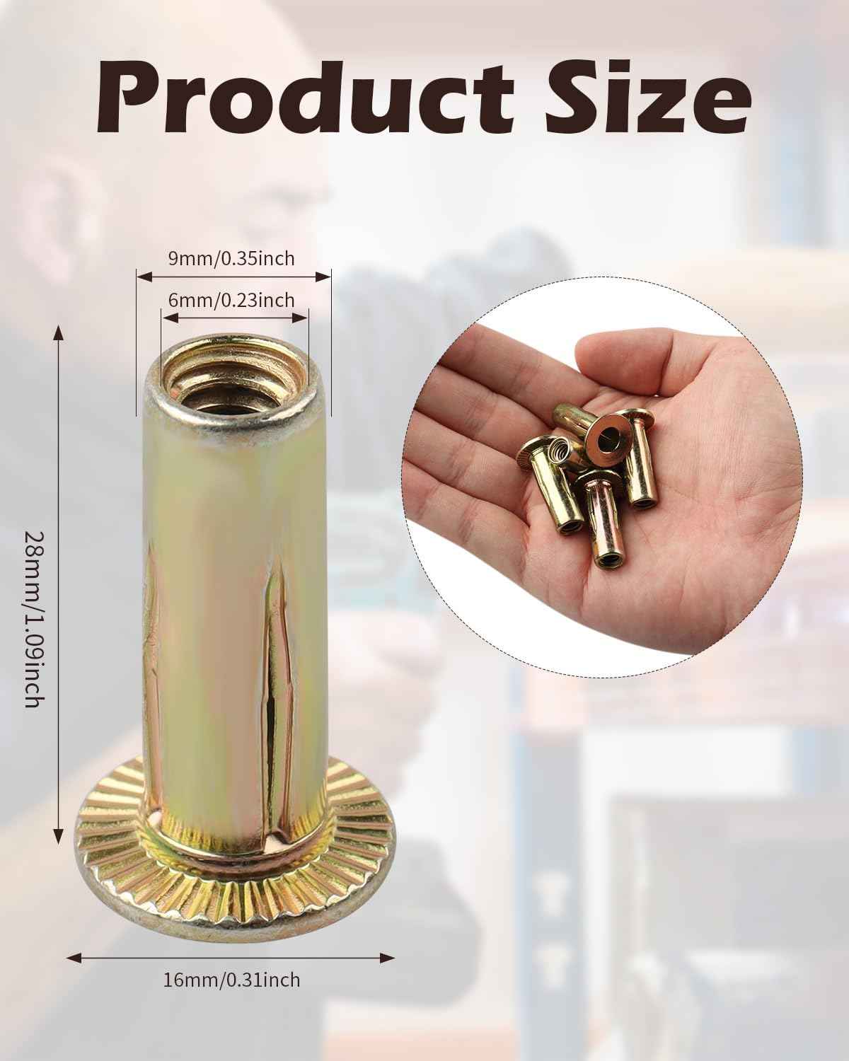 AOKLIT 50 Pcs Multi Grip Rivet Nut Kit, 1/4-20 Rivet Nuts Carbon Steel Pre-Bulbed Shank Color-Zinc-Plated Flat Head Threaded Insert Nut