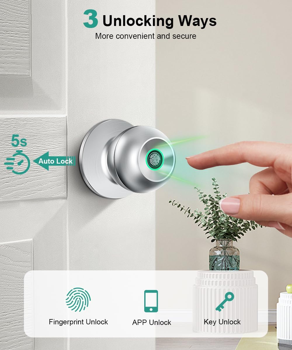 Smart Fingerprint Door Lock - Biometric Keyless Entry Knob with App Control for Home, Office & Garage