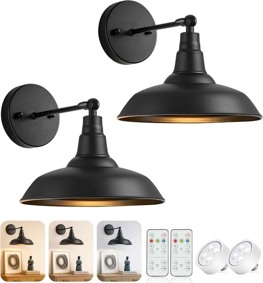 Set of 2 Black Vintage Battery Operated Wall Sconces with Remote Control - Industrial Cordless Indoor Lighting for Bedroom & Hallway