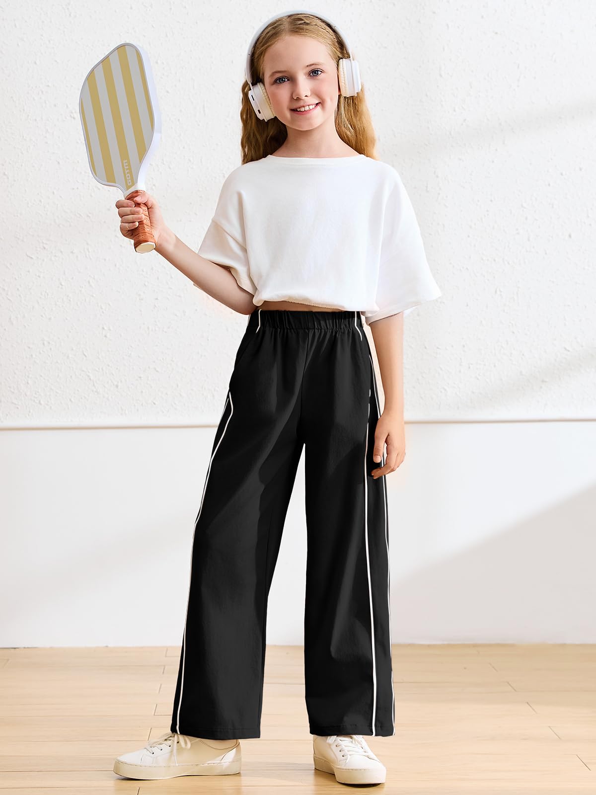 Haloumoning Girls Wide Leg Track Pants Kids Baggy Striped Parachute Pants Athletic Joggers with Pockets 5-14Y Black