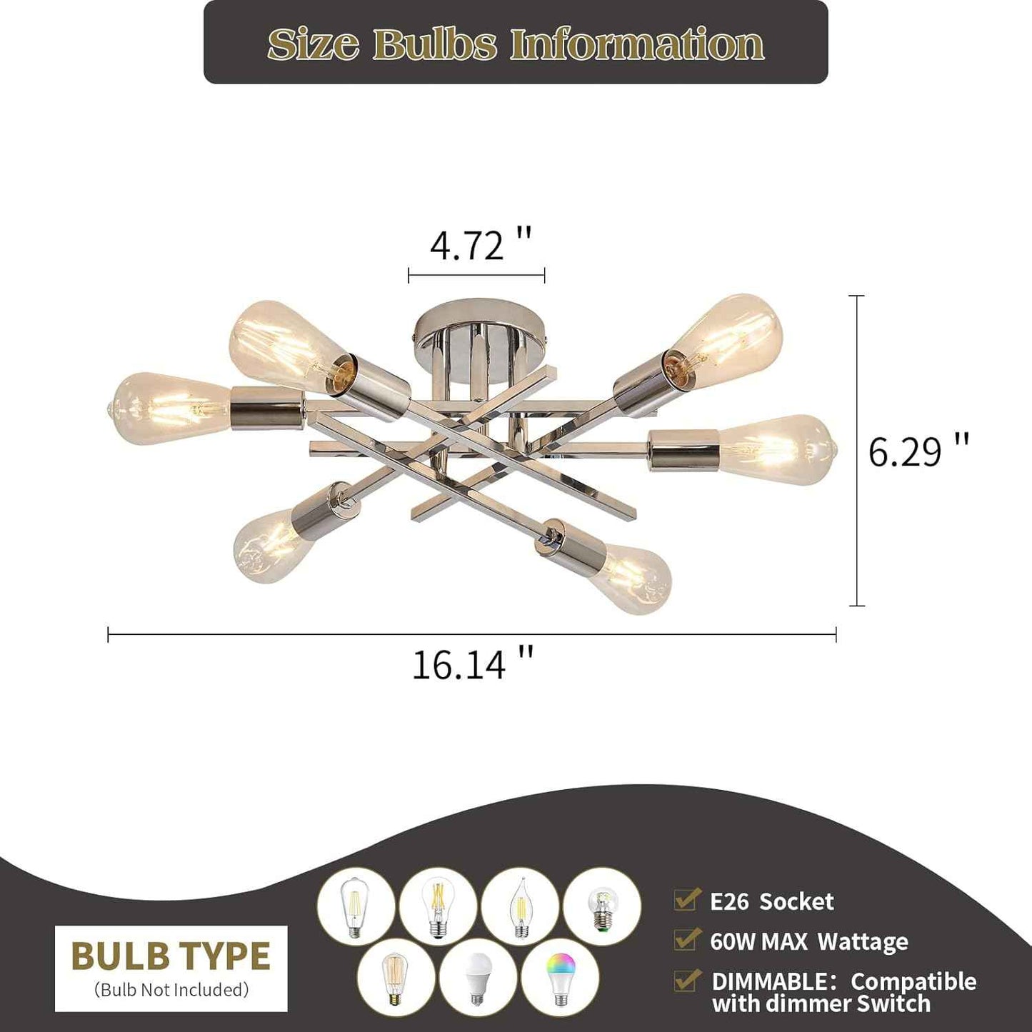Gold Modern 6-Light Semi Flush Mount Ceiling Light Fixture - Vintage Sputnik Chandelier for Kitchen, Dining & Living Room