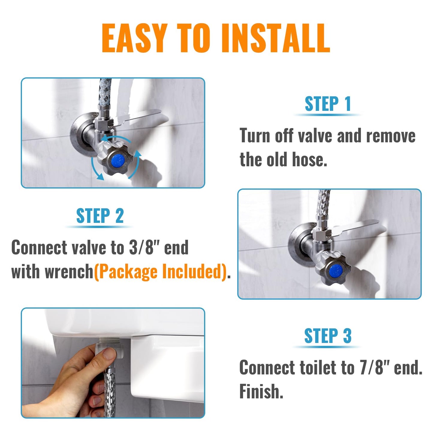 SUNGATOR 12'' Toilet Water Supply Line, 7/8" Ballcock x 3/8" Compression Toilet Hose Connector, 12 Inch Braided Stainless Steel Water Supply Line with 1 Wrench and Sealing Tape (2 Pack)