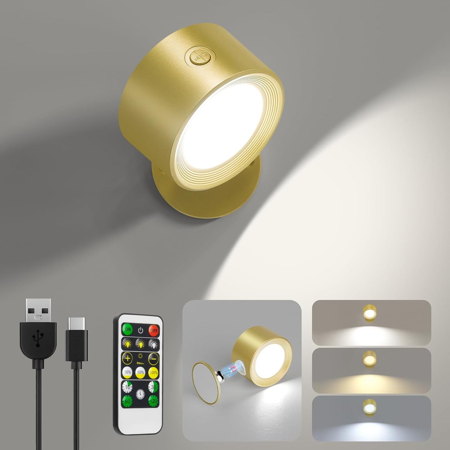 Rechargeable LED Wall Mounted Lights - 3 Pack with Remote, Dimmable & 360° Rotation for Bedroom