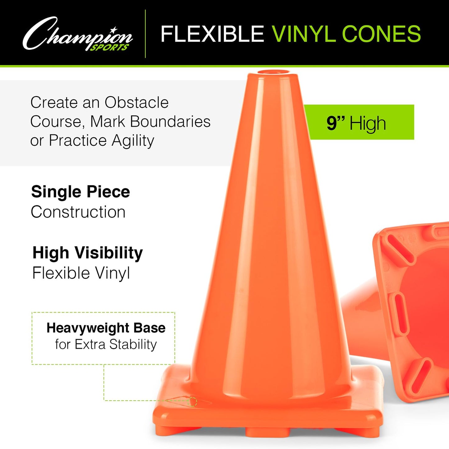 Champion Sports 9" High Visibility Flexible Vinyl Cone, Orange