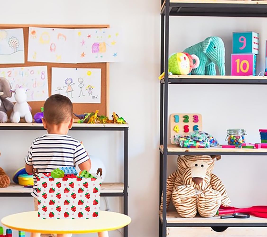 NTAOHAMPER Rectangular Storage Basket Empty, Storage Bin with Handles, Room Decor, Gift Basket, Book Box(Strawberry)