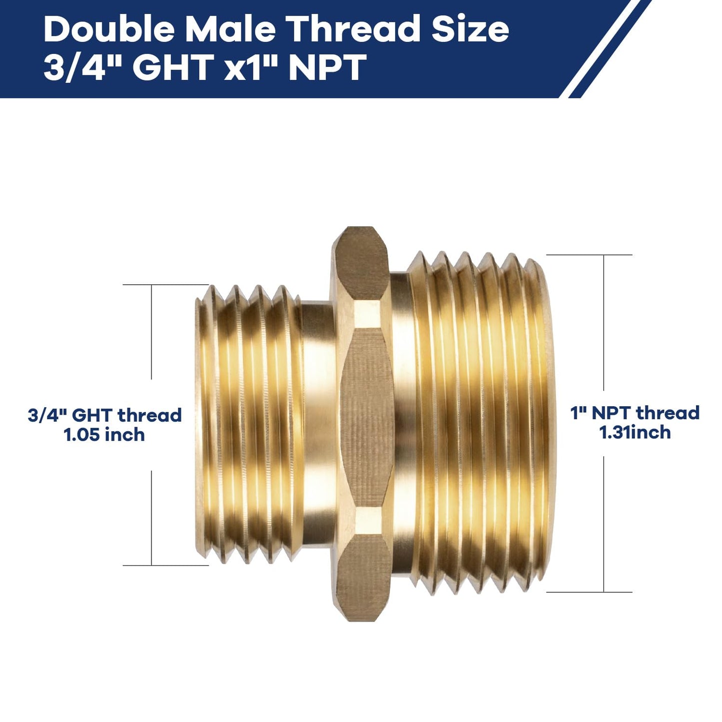 3/4" GHT Male x 1" NPT Male Hose Connector, Brass Garden Hose Adapter, Hex Nipple Reducer, Industrial Metal Brass Garden Hose to Pipe Fittings Connect (2-Pack)