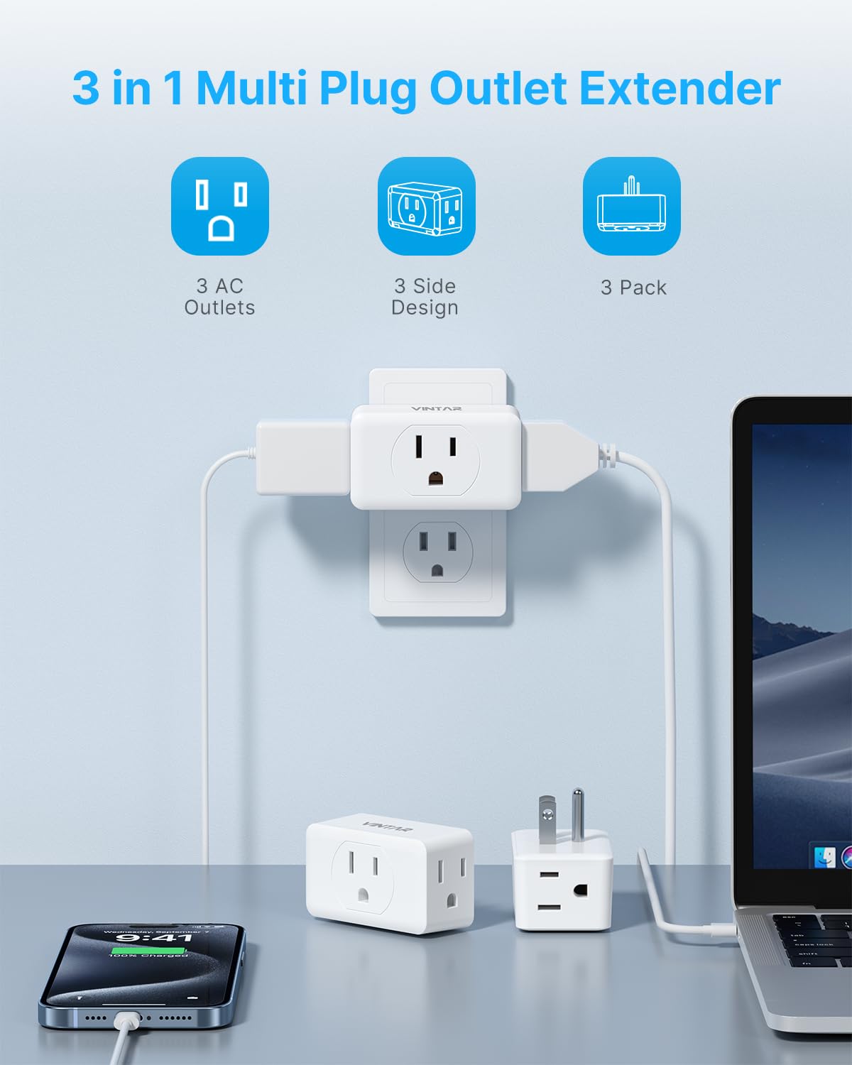 Multi Plug Wall Outlet Extender 2 Pack, VINTAR Electrical Multiple Outlet Splitter, 3 Way Plug Adapter, Small Wall Expander for Home Office Dorm Cruise Ship Travel Essentials