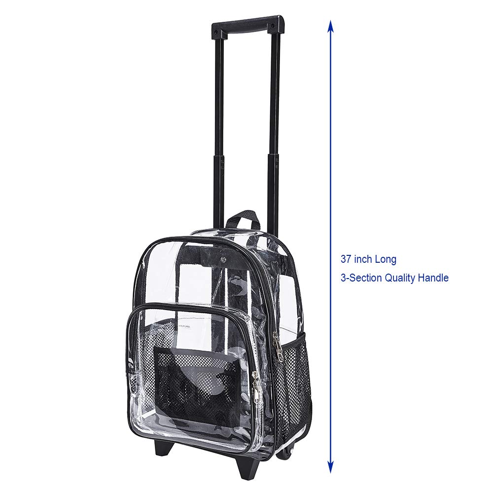 Clearworld Rolling Clear Backpack, Heavy Duty Cold-Resistant Security Transparent PVC Backpack with Wheels (Black)