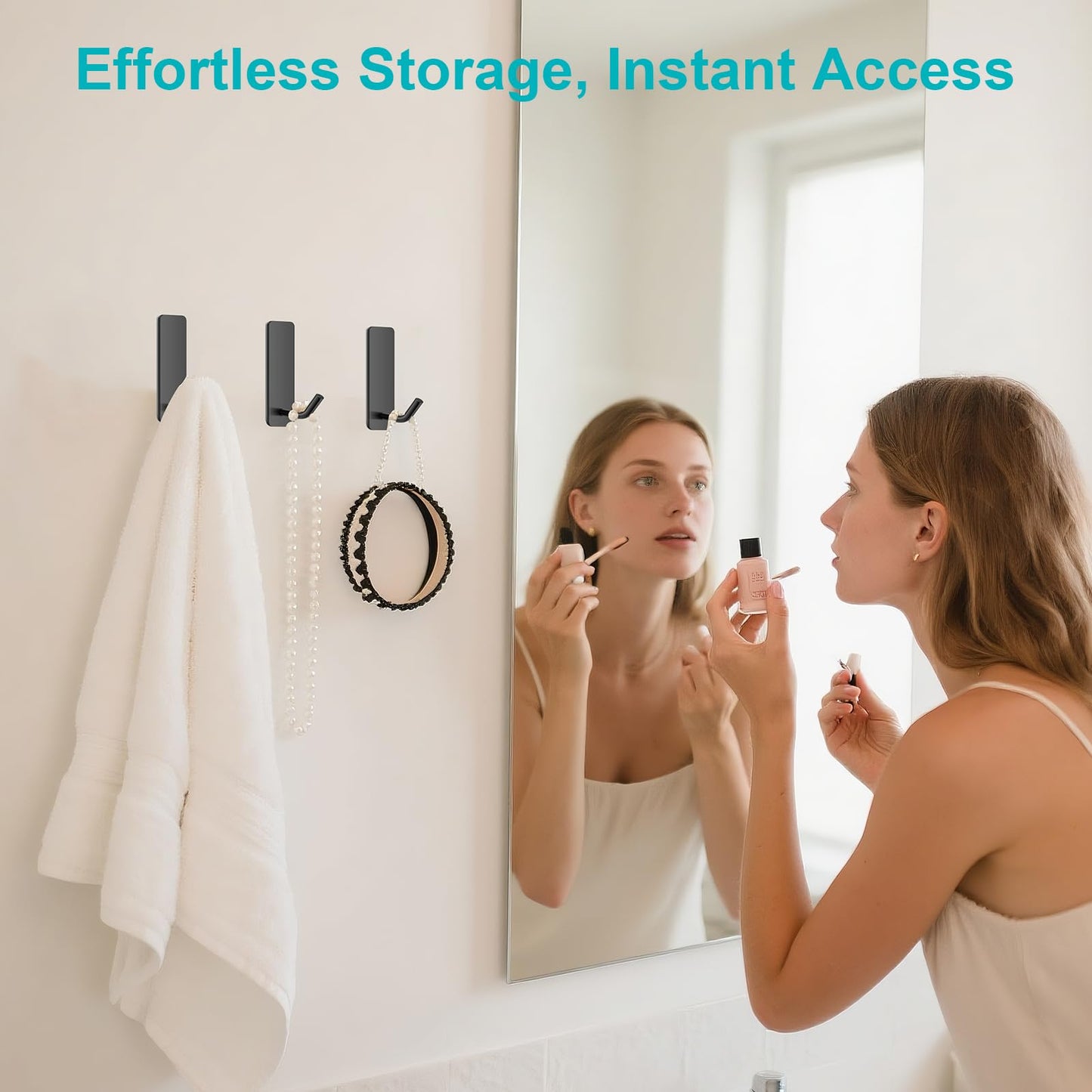 Quavzotu Small Self Adhesive Hooks for Walls No Damage, 6-Pack Stainless Steel Stick on Hooks for Hanging Towel Key Hat Bag Jewelry, Sticky Hangers for Kitchen Bathroom Door (Black(6pcs))