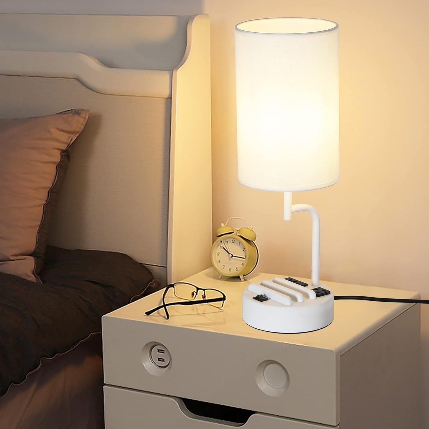 Modern Table Lamp with 3 USB Ports & AC Outlet - Set of 2 Bedside Desk Lamps in Silver