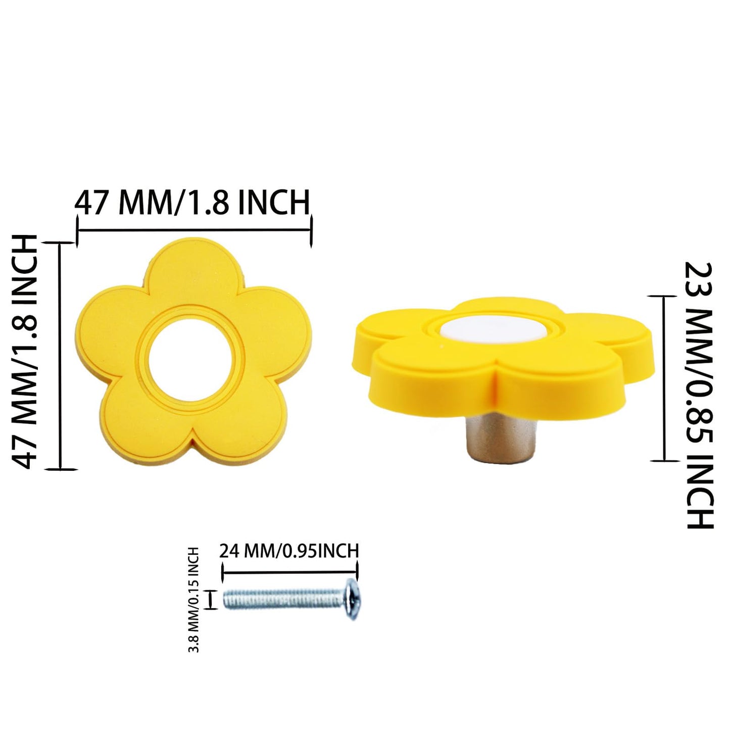 AUXBC 6pcs Yellow Flower Shape Knobs - Soft Rubber Handles, Cabinet Drawer Pulls for Kids' Rooms & Closets, 1.8x1.8x0.85 Inch with Screws