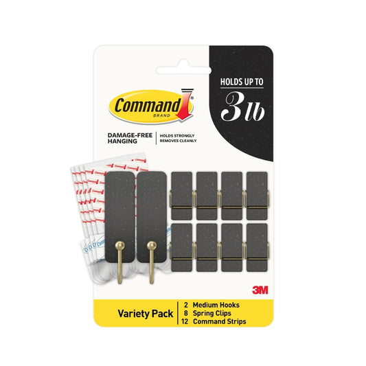 Command Mixed Hooks Pack, 10 Soot, 12 Strips (2 Medium Hooks, 8 Spring Clips), for Hanging Christmas Decorations