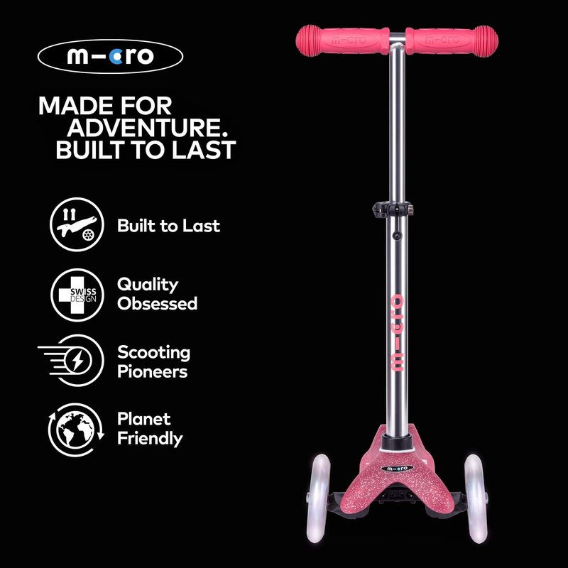 Micro Kickboard | Mini Deluxe Glitter LED Scooter | Adjustable Handlebar | Lean-to-Steer | Lightweight | Three-Wheeled | Kids Ages 2-5 yrs (Glitter Pink)