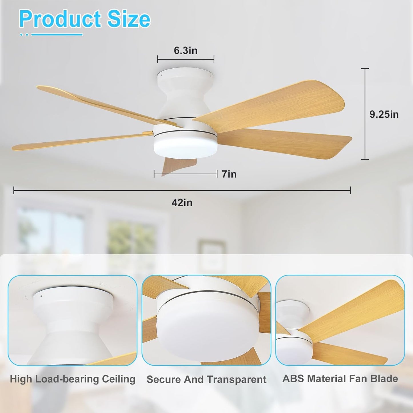 42-Inch Modern Black Ceiling Fan with Light & Remote - Dimmable Low Profile, 5 Reversible Walnut Blades, 6 Speeds for Indoor/Outdoor Use