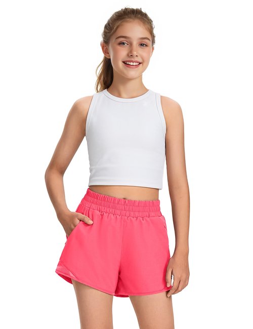 Somaibo Girls Athletic Shorts with Liner Quick Dry Running Soccer Shorts with Zip Pockets for Kids Active Sports Volleyball 11-12 Years Bright Red