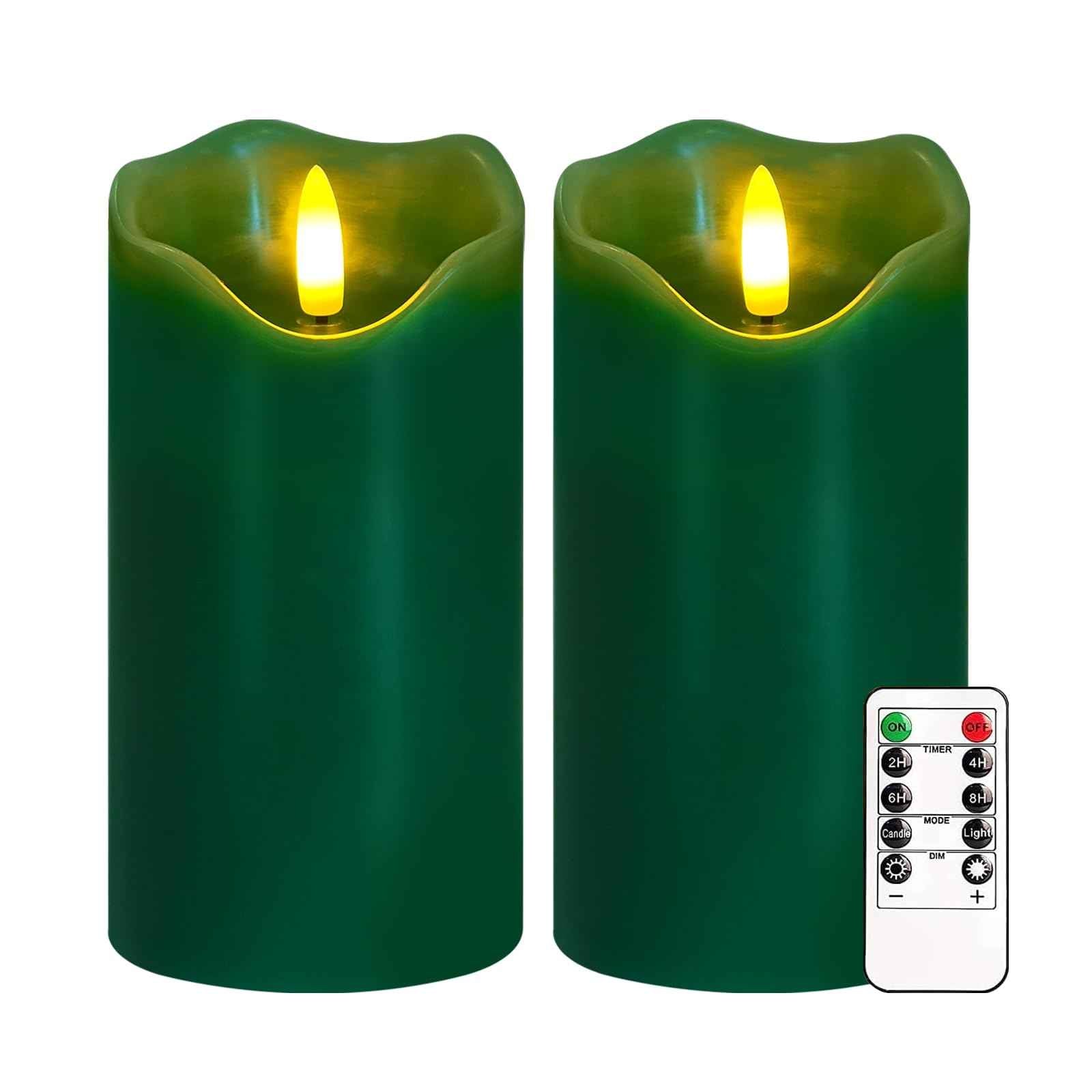 VEEKI Flameless Candles Light, Set of 2 6"x3" Flickering Christmas Flameless Candles with Remote & Timer, Dimmable Real Wax Pillar Candles Battery Operated, Green Candles for Home Xmas Decor (Green)