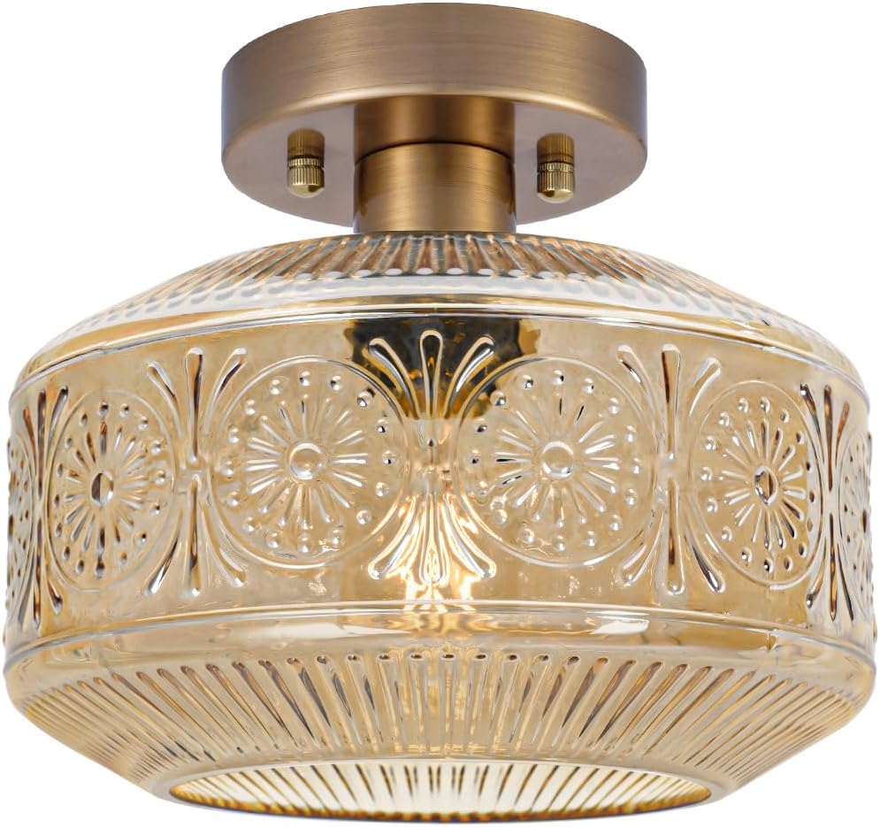 Vintage Semi Flush Mount Ceiling Light Fixture - Brass & Thickened Glass for Hallway, Entryway, Bedroom, Bathroom