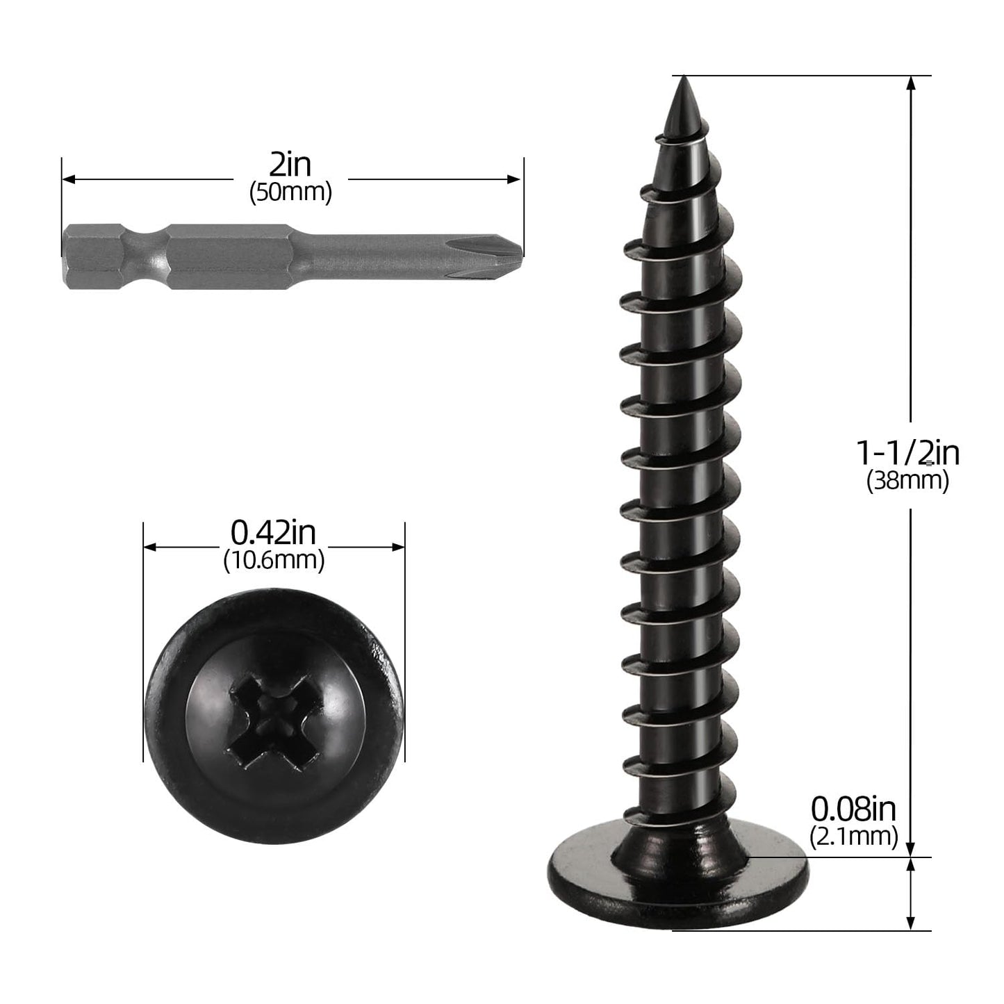 #10 x 1-1/2" (80 PCS) Modified Truss Head Wood Screws, Phillips Drive Quick Metal Self Tapping Screws, Black Coating, Full Thread, Screwdriver Bit Included