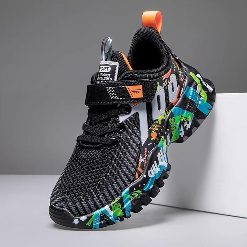 ASEKIHA Kids Shoes for Boys Girls Sneakers Sports Knitted Mesh Running Athletic Walking Gym Sports Lightweight Breathable Toddler Little Kid Big Kid Black