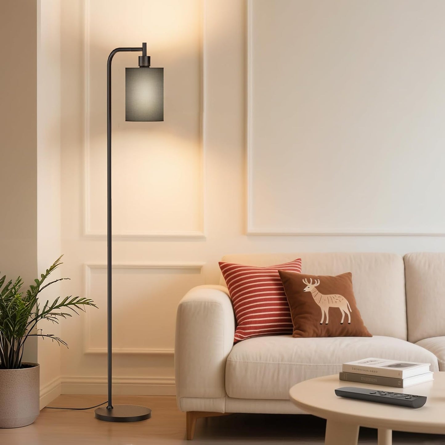 Dimmable Floor Lamp with Linen Shade & Remote Control - Modern 9W LED Standing Lamp for Living Room, Bedroom, Office