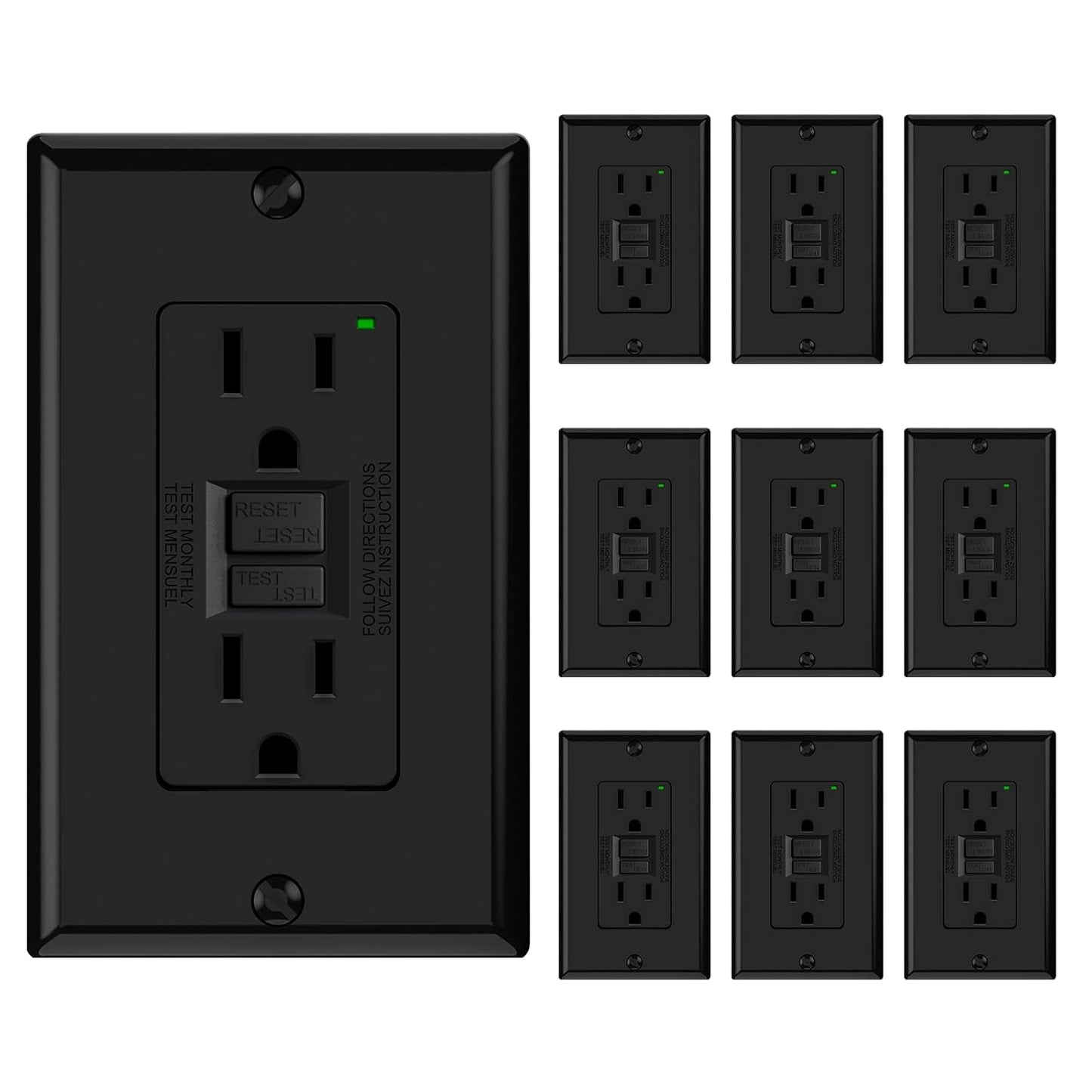 GFCI Outlet 15 Amp - Self-Test Electrical Receptacle with LED Indicator, 10 Pack