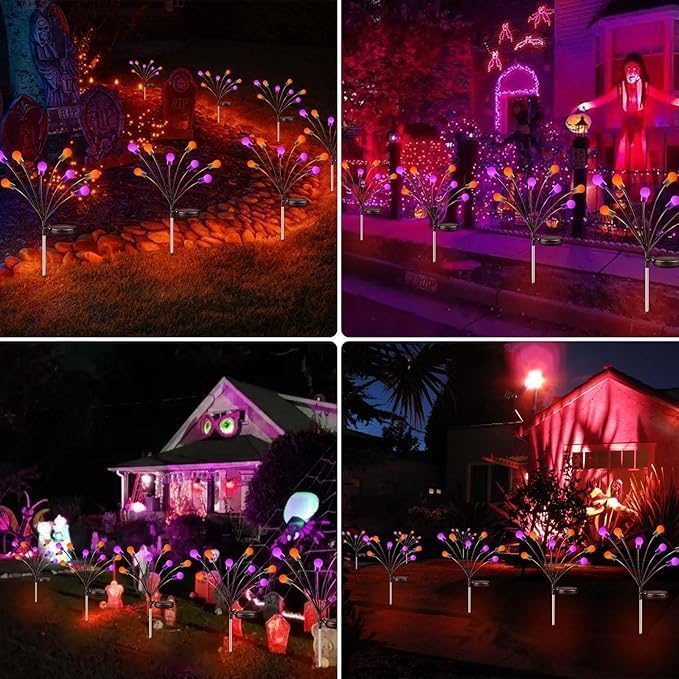 48 LED Solar Halloween Lights - 6 Pack Purple & Orange Waterproof Firefly Lights for Garden & Patio Decor