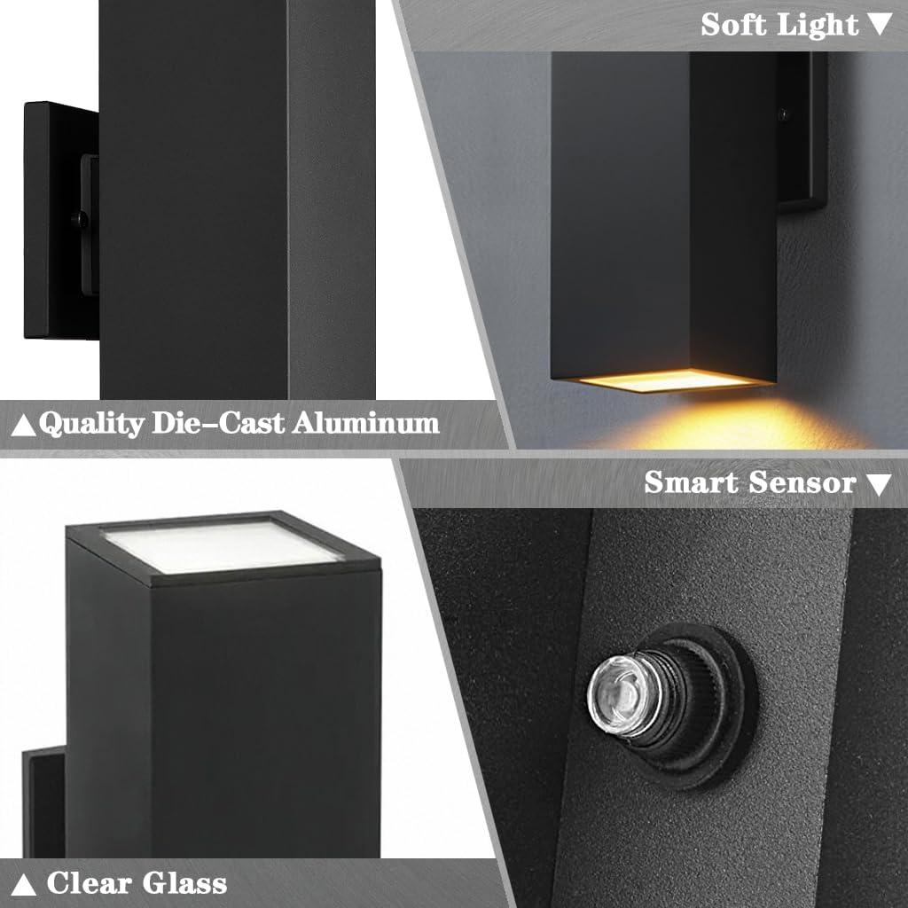 Modern Outdoor Wall Lights - Dusk to Dawn Square Matte Black Sconce with Bulbs, Aluminum Anti-Rust Up & Down Lighting for Porch & Garage