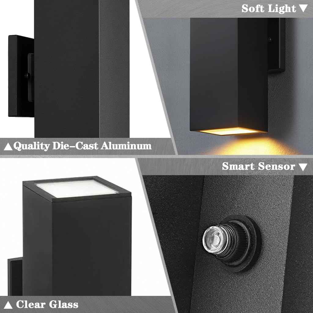Modern Outdoor Wall Lights - Dusk to Dawn Square Matte Black Sconce with Bulbs, Aluminum Anti-Rust Up & Down Lighting for Porch & Garage