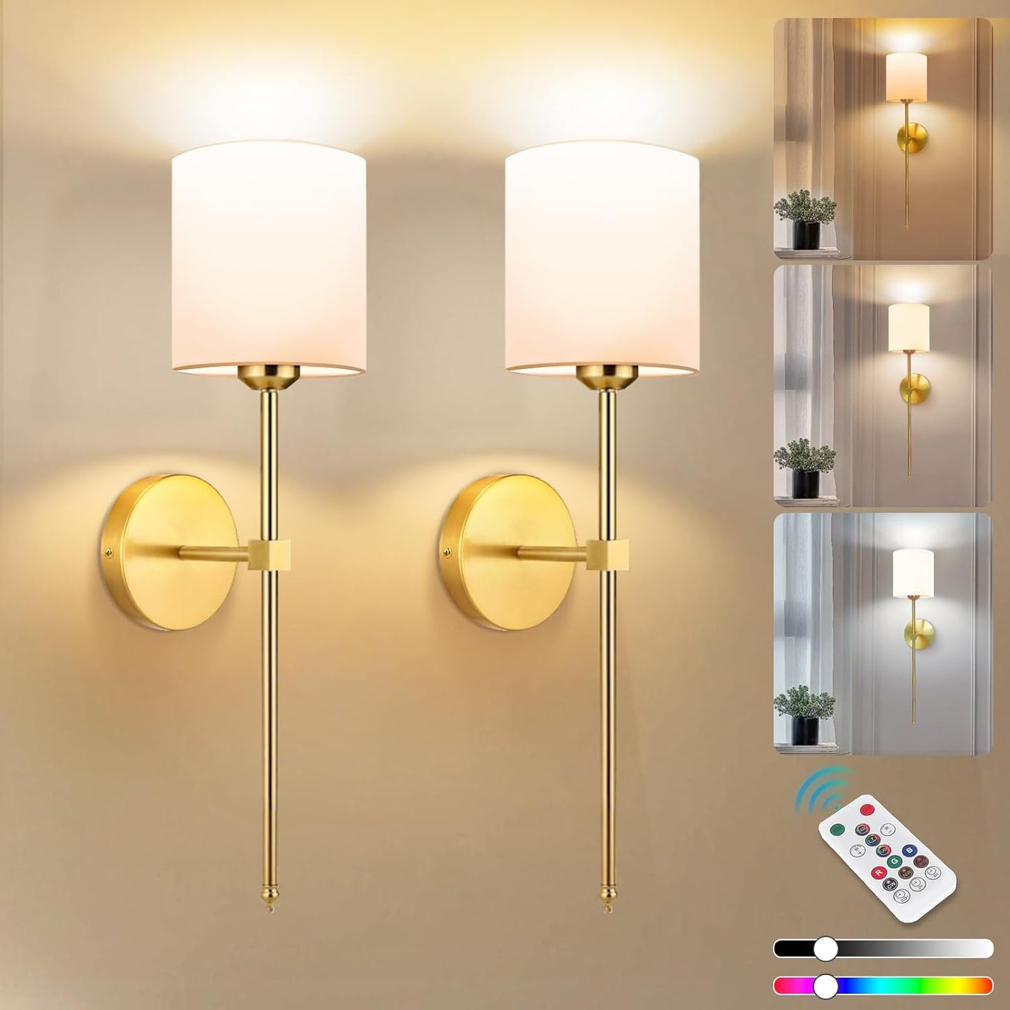 Rechargeable Black Wall Sconce Set of 2 - 5CCT Wireless Dimmable Lights with Remote for Bedroom & Living Room