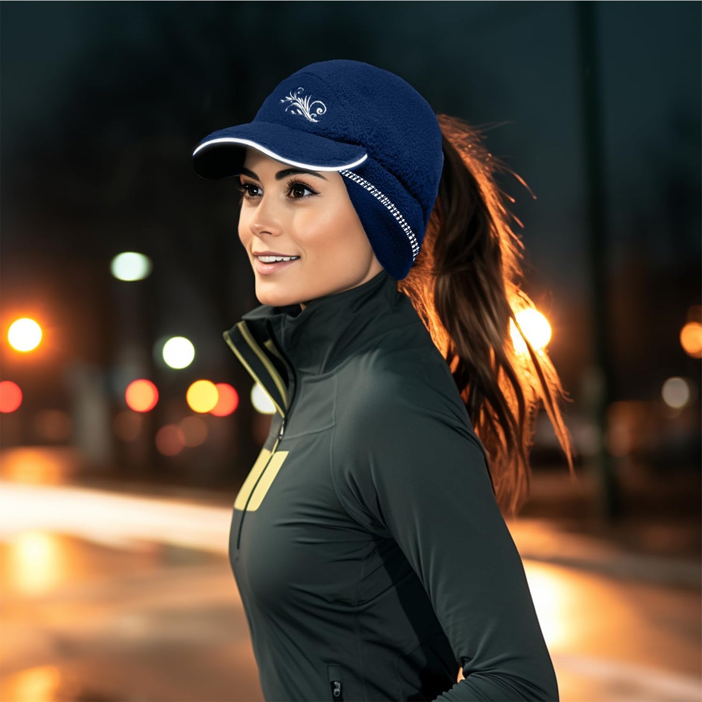 EZPACE Fleece Ponytail Hat for Women with 3M Thinsulate Ear Warmer Running Gear Winter Cold Weather Navy