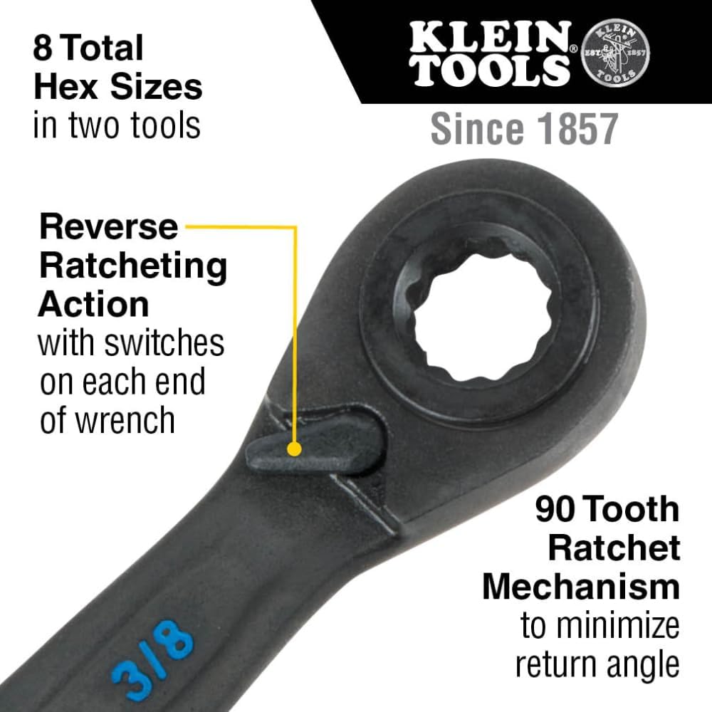 4-in-1 Reversible Ratcheting Box Wrench Set - Klein Tools, SAE, 2-Piece, 1/4 to 3/4-Inch