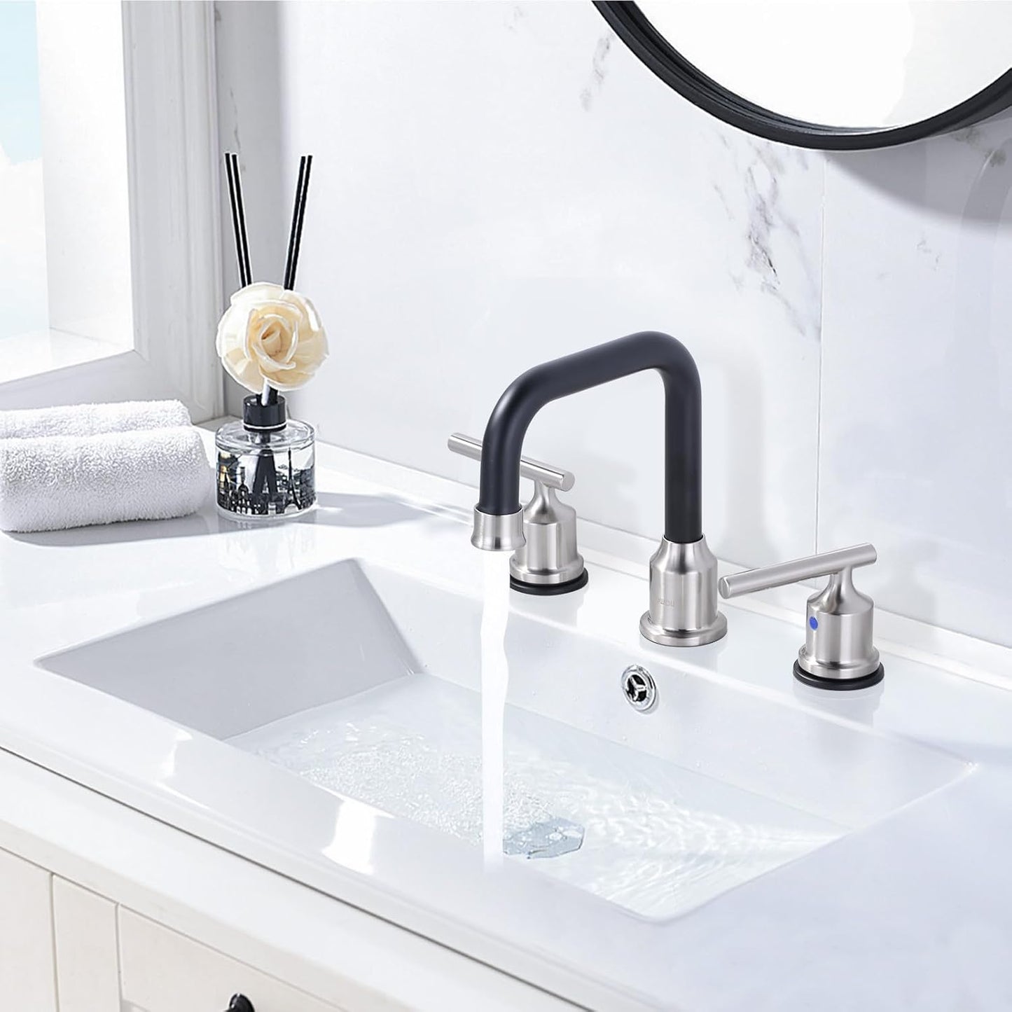 Brushed Nickel 8-Inch Widespread Bathroom Faucet with 360° Swivel Spout - Modern 2 Handle Lavatory Sink Fixture