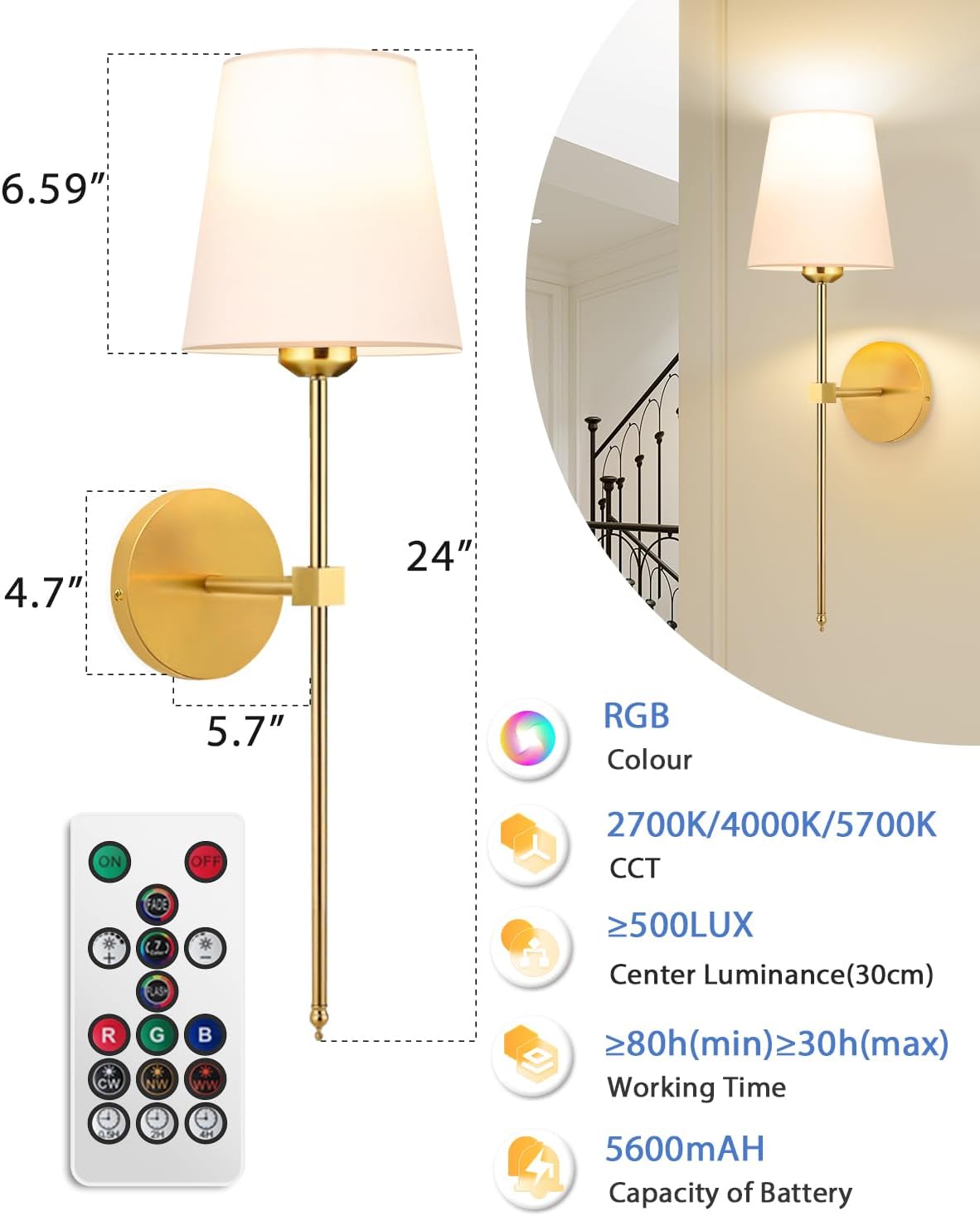 Rechargeable Black Wall Sconce Set of 2 - 5CCT Wireless Dimmable Lights with Remote for Bedroom & Living Room