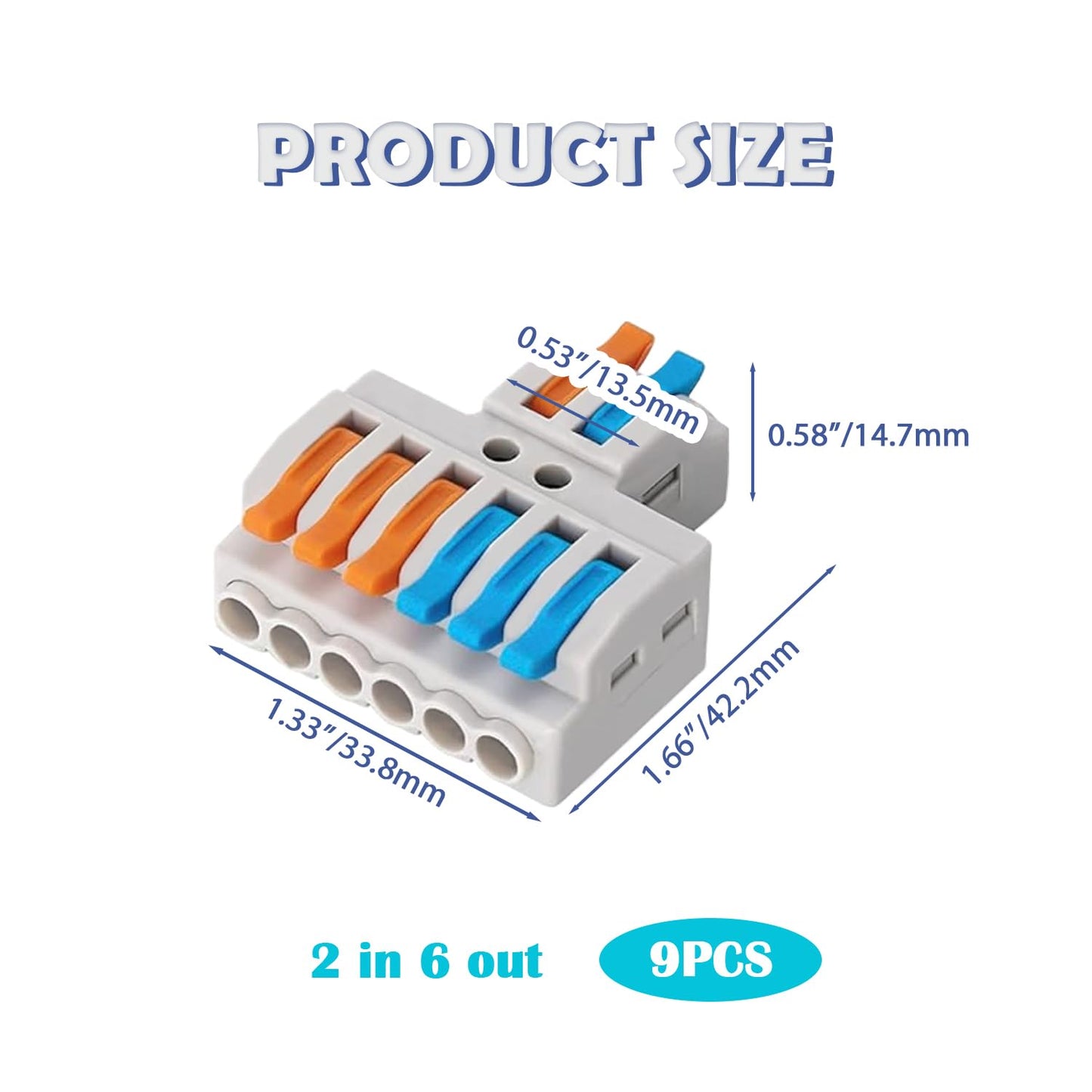 Tugermoola 9PCS Lever Wire Connectors Quick Wiring Cable Connector Electrical Lever Wire Cable Connectors Push-in Conductor Terminal Blocks (2 in 6 Out)