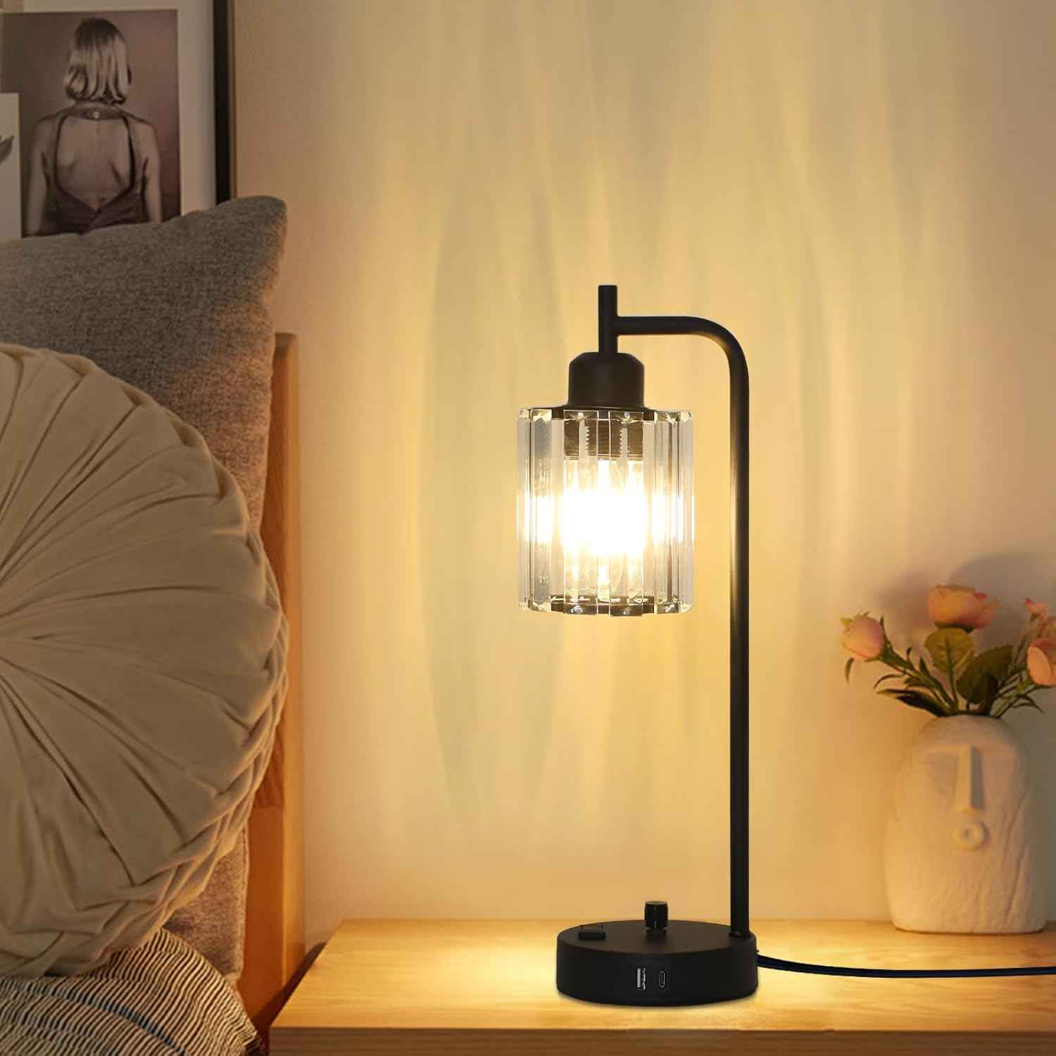 Modern Gold Crystal Table Lamps Set of 2 with LED Bulbs & USB Port - Elegant Bedside Lighting