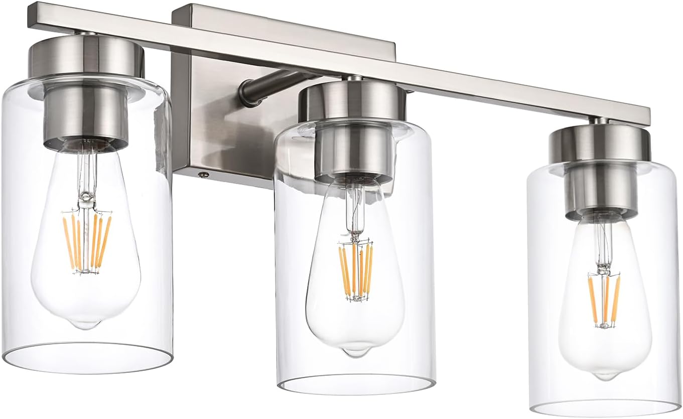 Modern 3-Light Bathroom Vanity Light in Brushed Gold with Clear Glass Shades