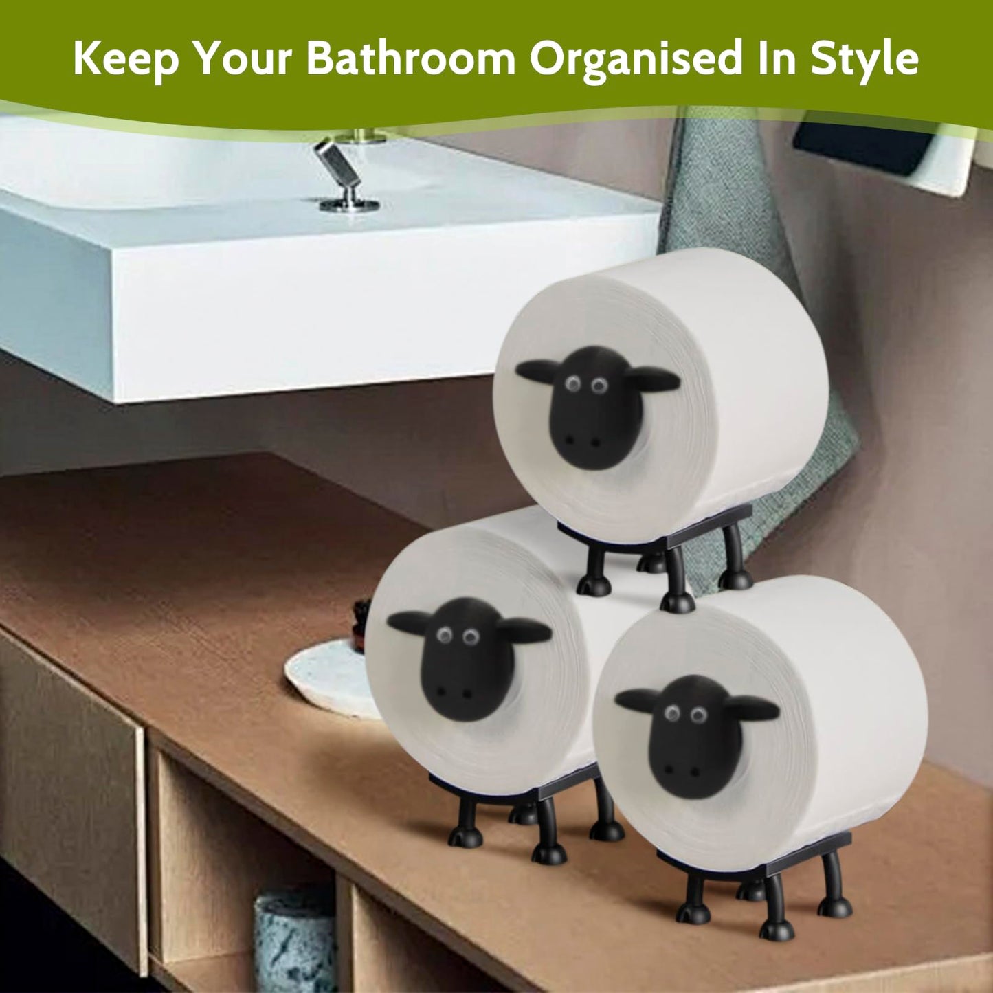 Sheep Toilet Roll Holder: Tissue Paper Roll Storage Stand - 3D Printed Black Sheep Loo Roll Holder - Toilet Paper Holder Bathroom Set for Bathroom Shelf Housewarming Gift Bathroom Decor (3 Pcs)