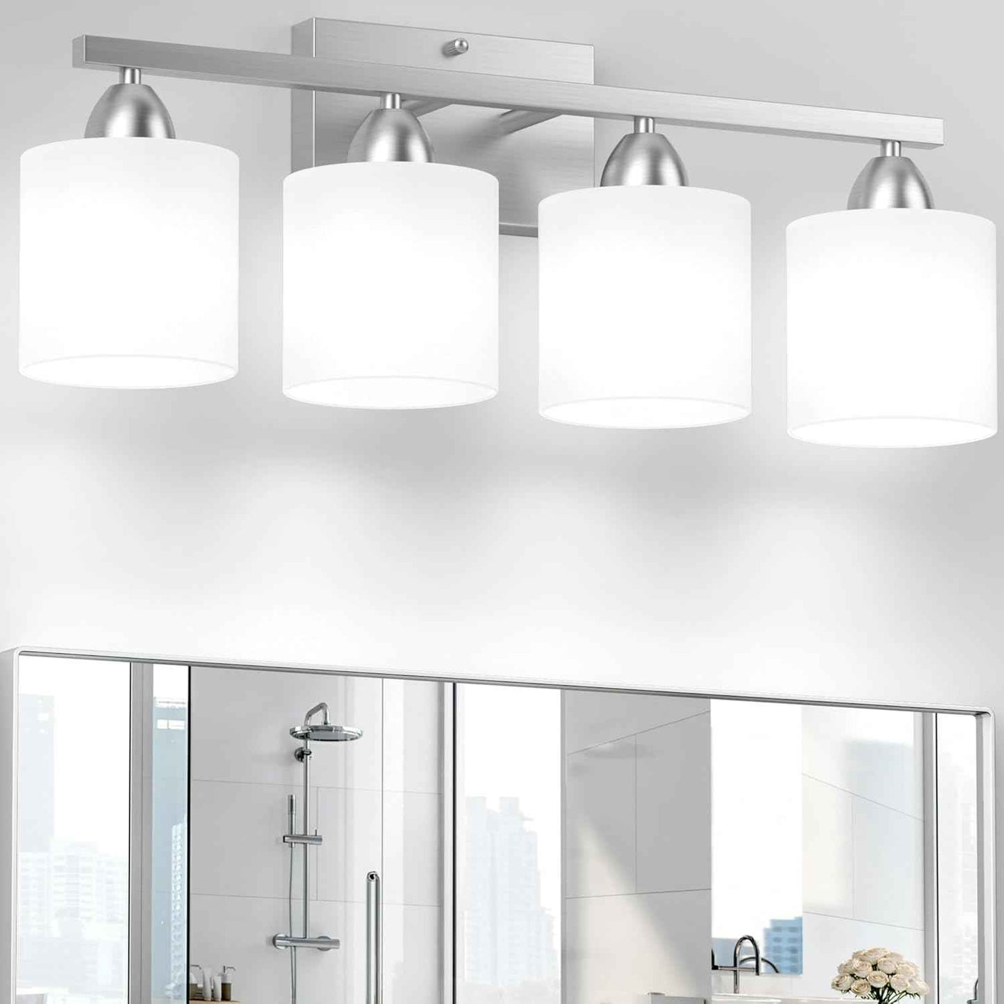 Modern 4-Light Bathroom Vanity Light Fixture - Anti-Rust Over Mirror Sconce with Milky White Glass Shades, E26 Base