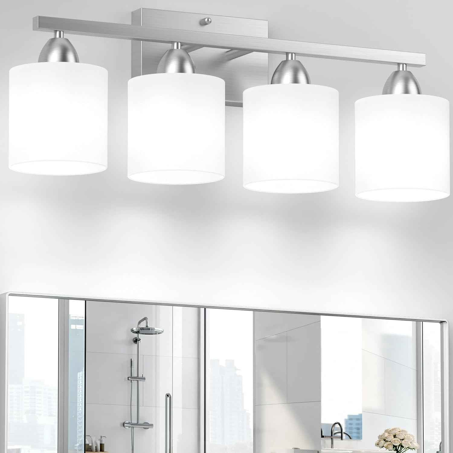 Modern 4-Light Bathroom Vanity Light Fixture - Anti-Rust Over Mirror Sconce with Milky White Glass Shades, E26 Base
