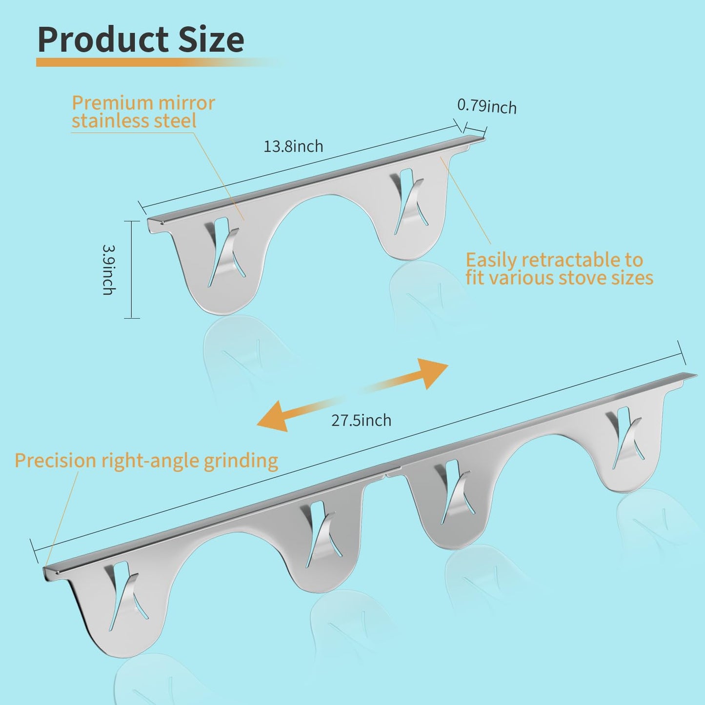 Stove Gap Covers Stainless Steel, 2 Pack, Stove Gap Filler, Stove Gap Guard, Range Trim Kit, Heat Resistant, Easy Clean, Retractable, Length 13.8” to 27.5”