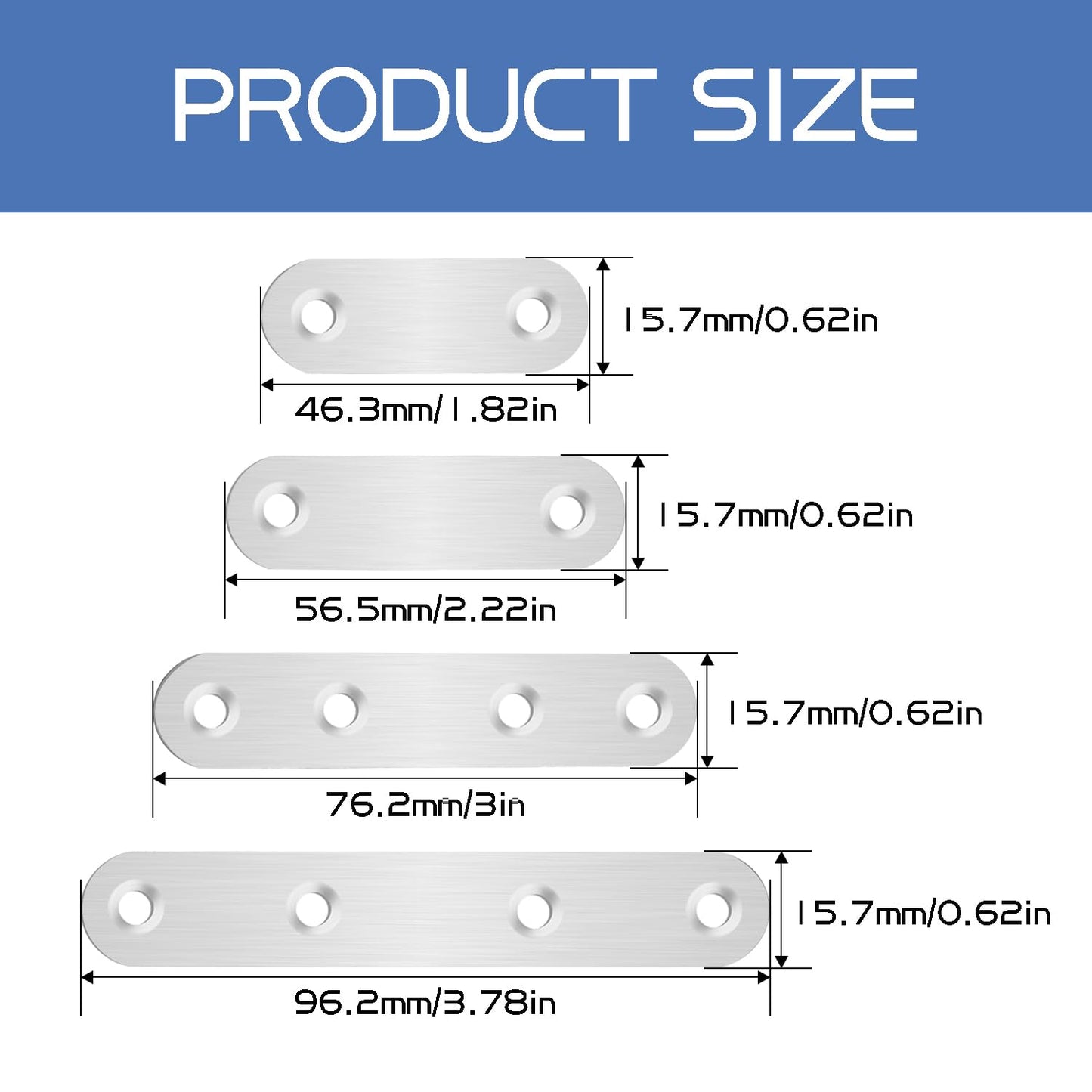 Tmyjfjingxi 108PCS 4Sizes Flat Metal Brace Brackets Mending Plates for Wood Stainless Steel Bracket Plate with Holes (46mm/56mm/76mm/96mm)