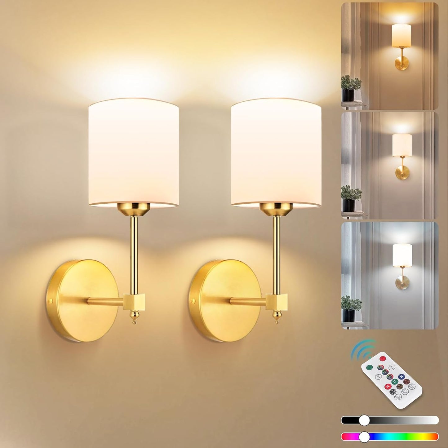 Rechargeable Black Wall Sconce Set of 2 - 5CCT Wireless Dimmable Lights with Remote for Bedroom & Living Room