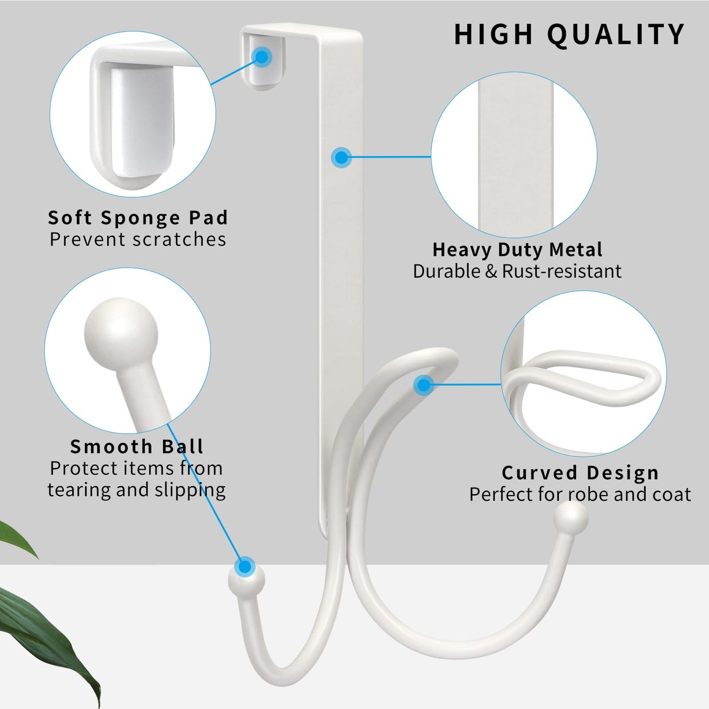 FYY Over The Door Hooks - 2 Pack Door Hangers with Sponge Pad Prevent Scratches Heavy Duty Organizer Hooks for Hanging Clothes, Robe, Towels, Hats, Bags White, Fit 1.2-1.47 inch Door