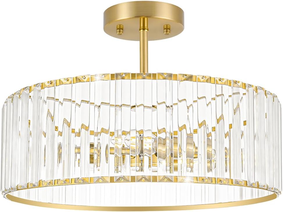 Modern Gold Crystal Ceiling Light Fixture - 11-Inch Semi Flush Mount Chandelier for Kitchen & Entryway