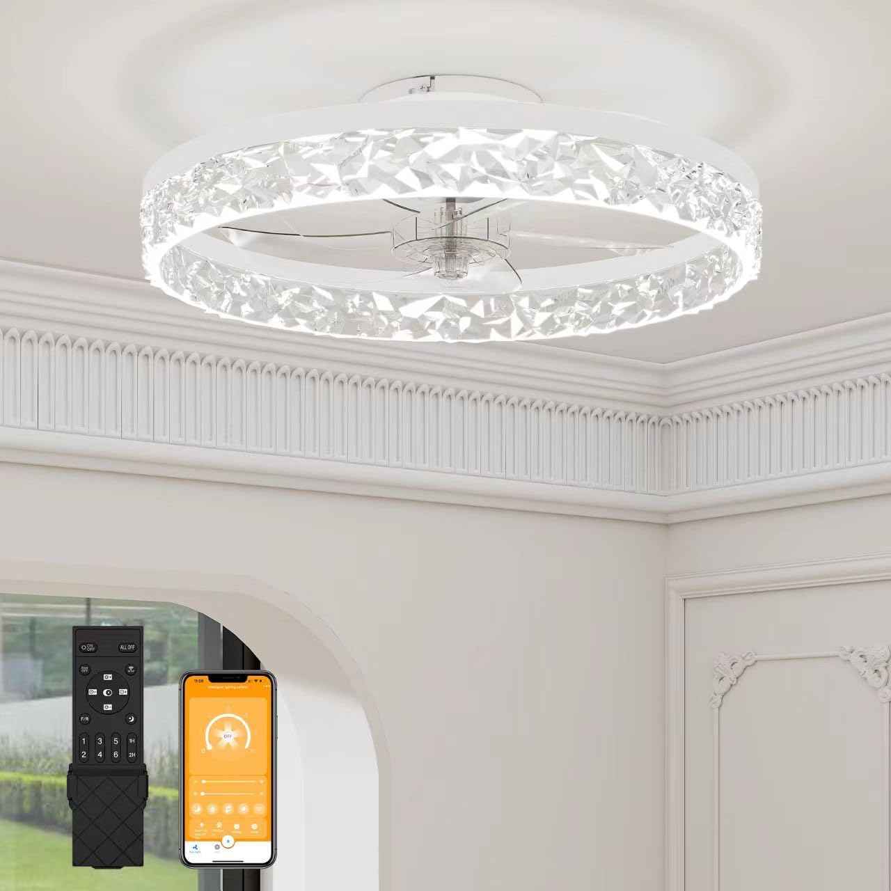 Modern Bladeless Ceiling Fan with Light & Remote - 15.7in Low Profile Fandelier, Dimmable 3000K-6500K for Bedroom