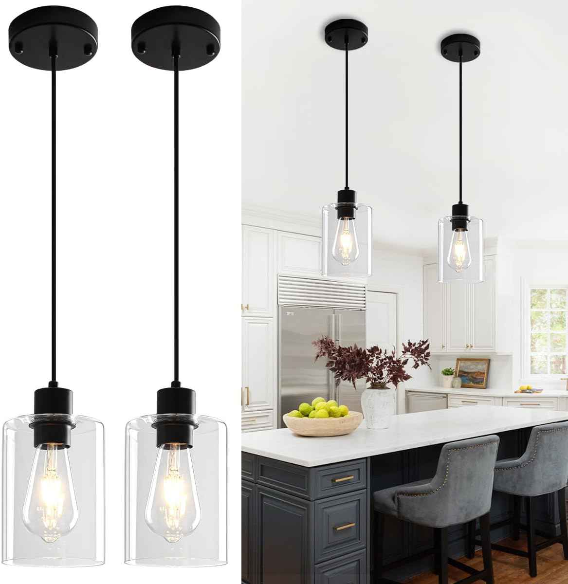 Modern Black Pendant Lights for Kitchen Island - 3 Pack Glass Hanging Fixtures