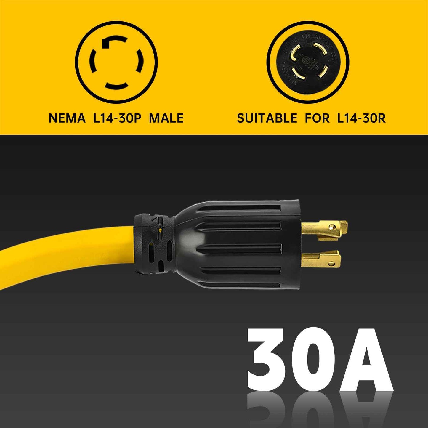 30FT Locking Plug L14-30P to 4X 5-20R/5-15R Generator Adapter Extension Cord, 4 Prong 30 Amp to 110V,Twist Locking to 15 Amp/20 Amp Household Outlet, 125/250V 7500 Watts (Flat Wire L14-30P 30FT)