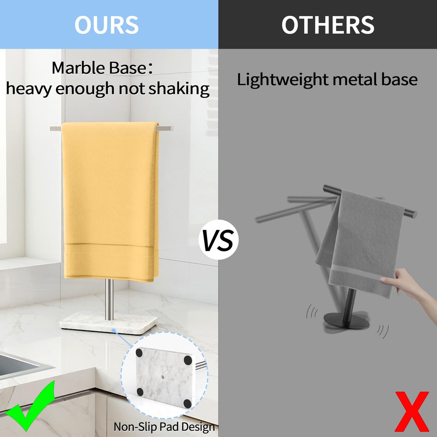 Hand Towel Holder Stand, T-Shape Hand Towel Rack for Bathroom, Hand Towel Stainless Steel for Kitchen Vanity Countertop, Marble Base Brushed Adjustable 9.06" -17.68"