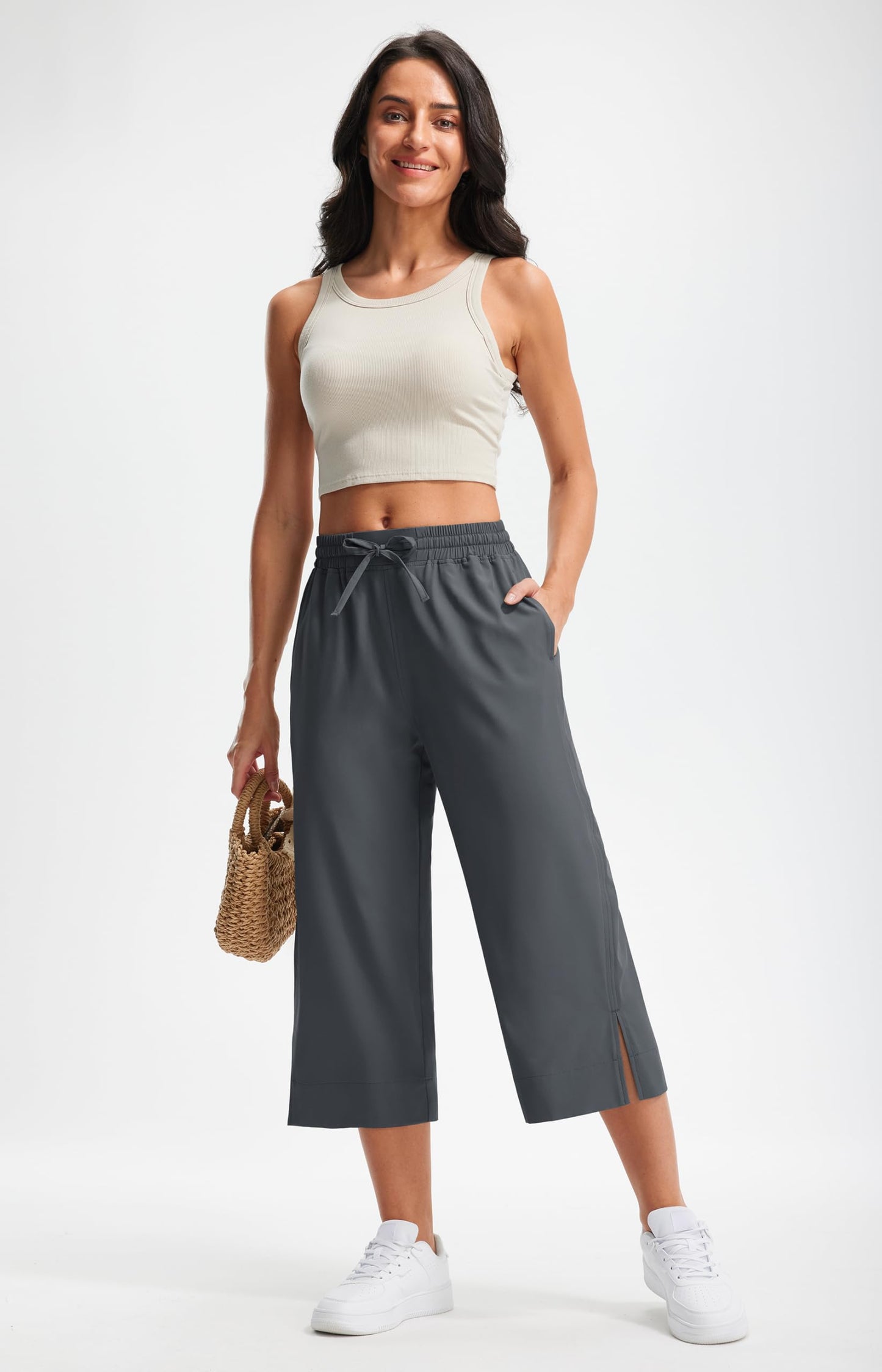 Libin Lightweight Capri Pants for Women Wide Leg Beach Pants, Dark Grey L
